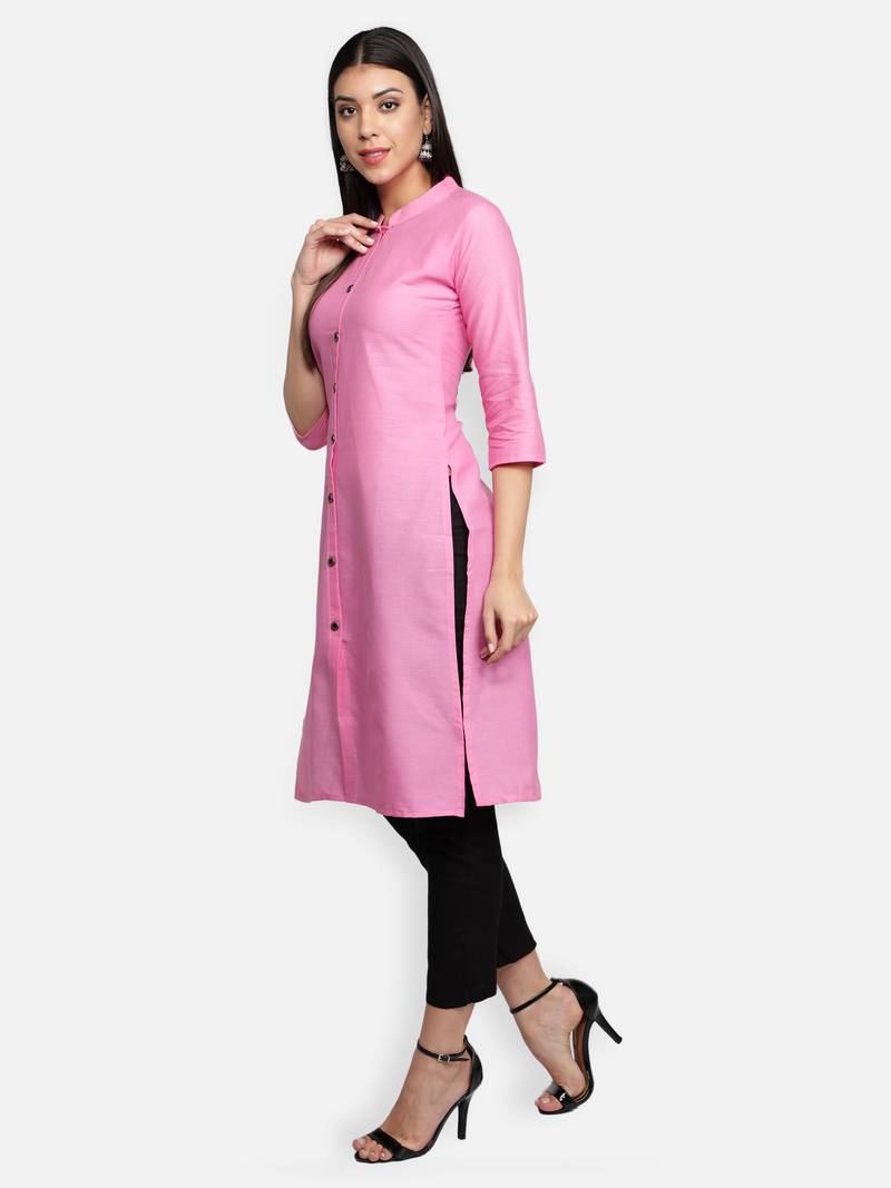Light Pink Cotton Flex Solid Plain Front Slit Straight Women Kurta