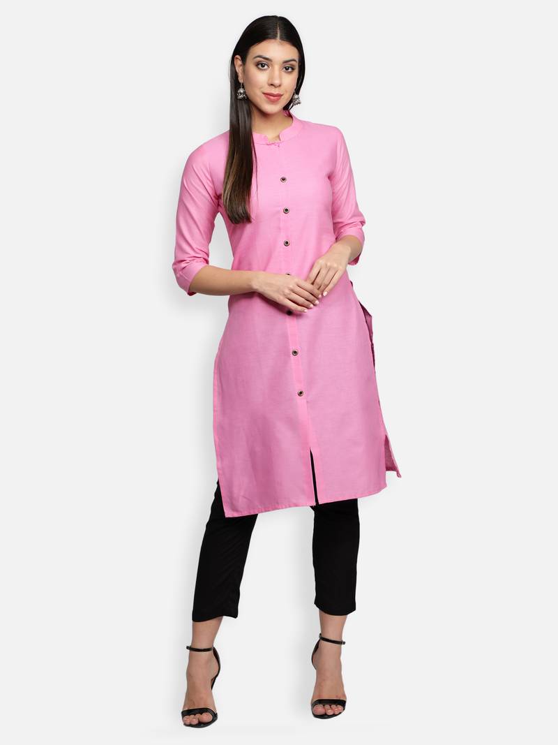 Light Pink Cotton Flex Solid Plain Front Slit Straight Women Kurta