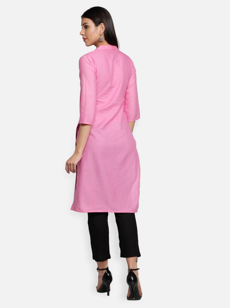 Light Pink Cotton Flex Solid Plain Front Slit Straight Women Kurta