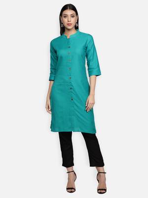 Turquoise Cotton Flex Solid Plain Front Slit Straight Women Kurta 1