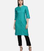 Turquoise Cotton Flex Solid Plain Front Slit Straight Women Kurta