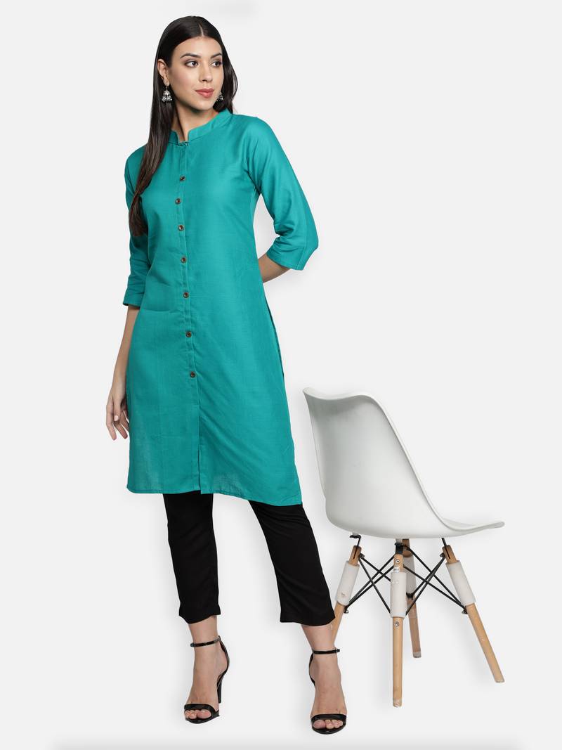 Turquoise Cotton Flex Solid Plain Front Slit Straight Women Kurta