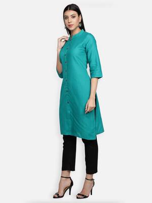 Turquoise Cotton Flex Solid Plain Front Slit Straight Women Kurta 3