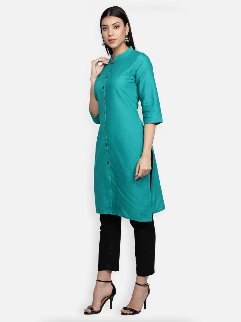 Turquoise Cotton Flex Solid Plain Front Slit Straight Women Kurta