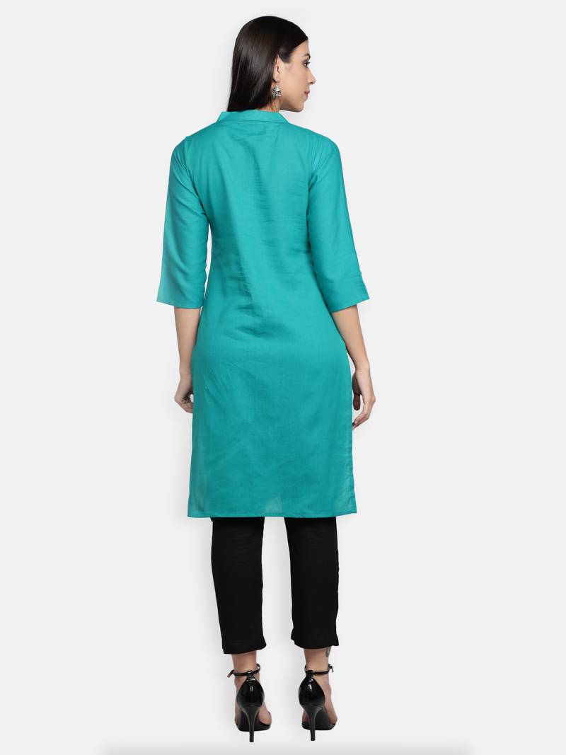 Turquoise Cotton Flex Solid Plain Front Slit Straight Women Kurta