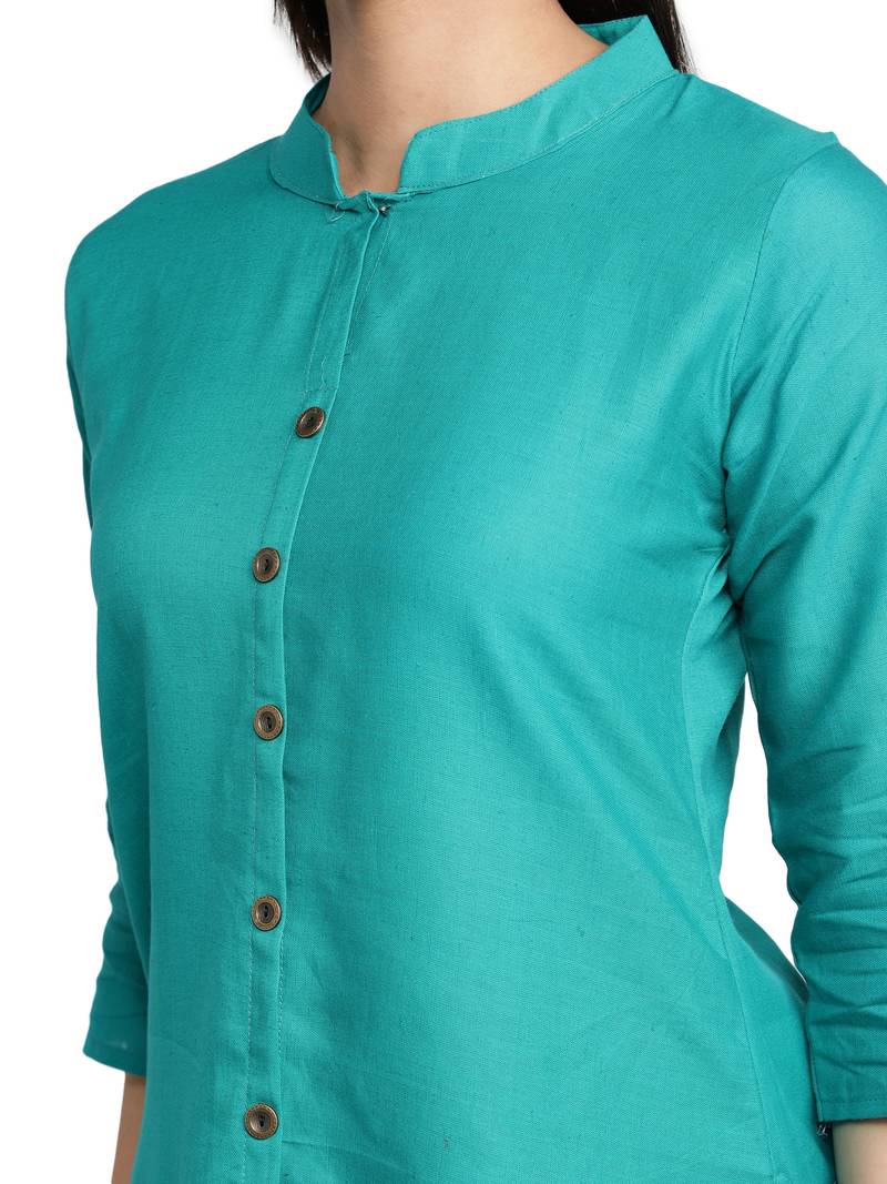 Turquoise Cotton Flex Solid Plain Front Slit Straight Women Kurta