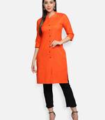 Orange Cotton Flex Solid Plain Front Slit Straight Women Kurta
