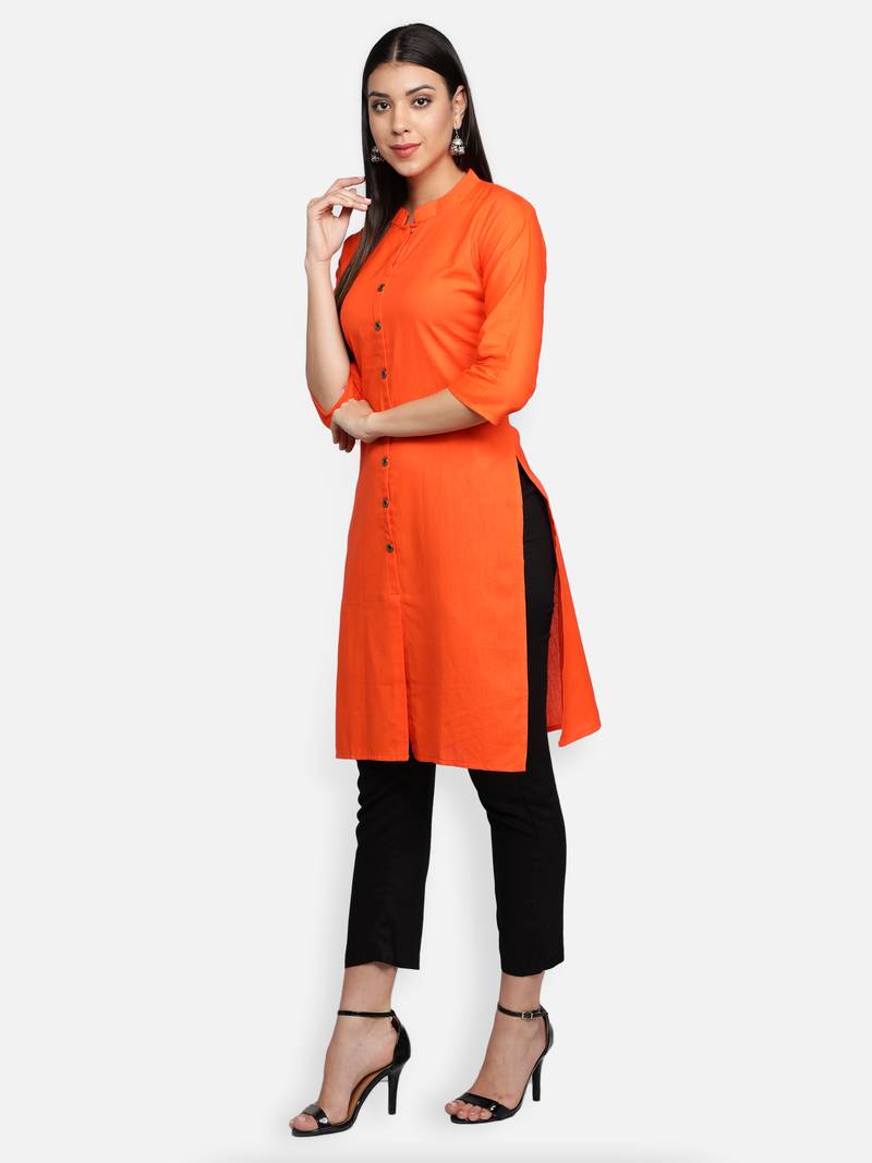 Orange Cotton Flex Solid Plain Front Slit Straight Women Kurta
