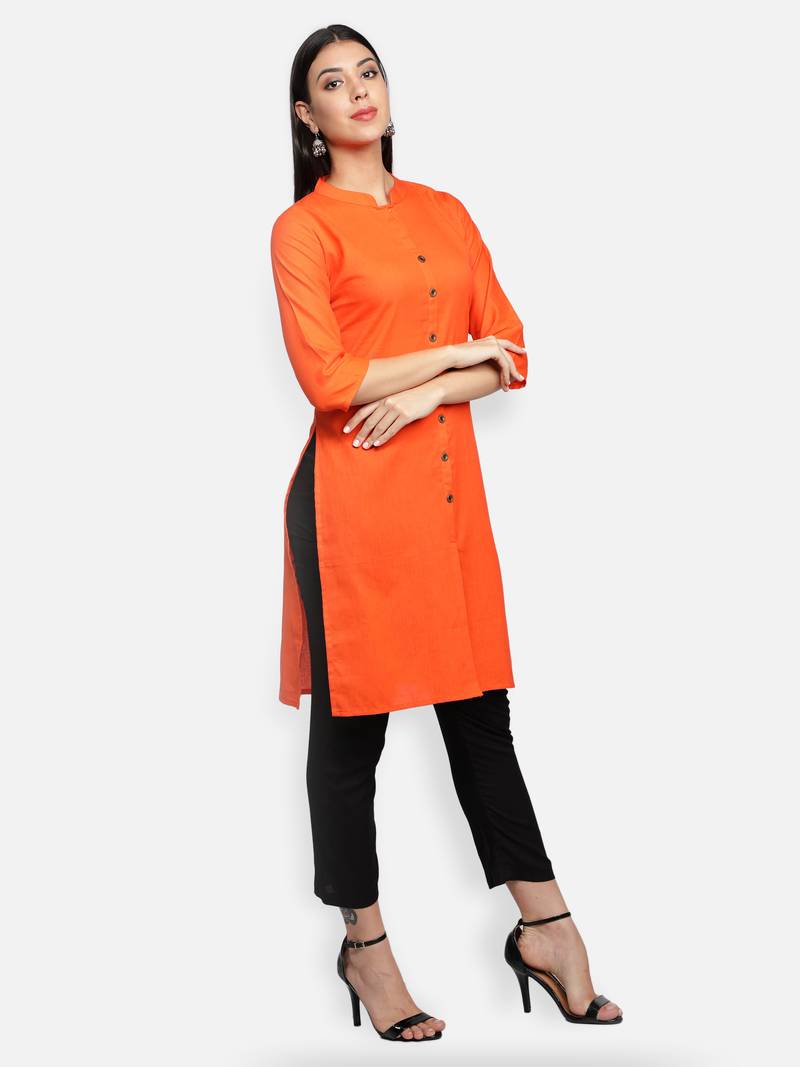 Orange Cotton Flex Solid Plain Front Slit Straight Women Kurta