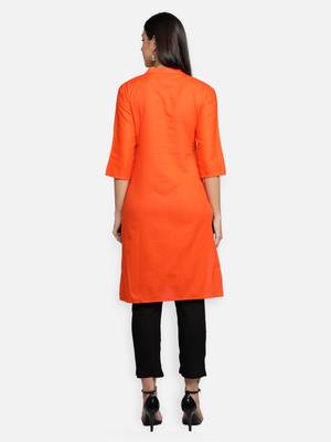 Orange Cotton Flex Solid Plain Front Slit Straight Women Kurta 4