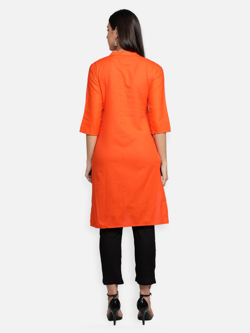 Orange Cotton Flex Solid Plain Front Slit Straight Women Kurta