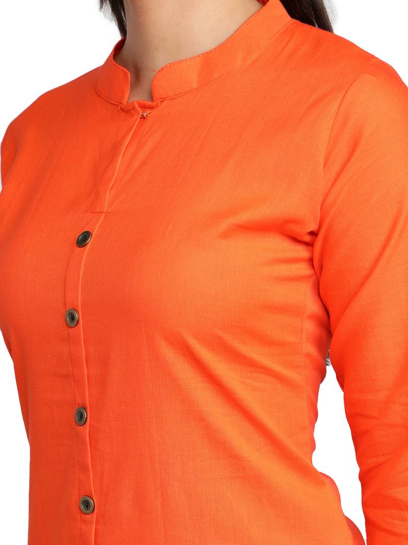 Orange Cotton Flex Solid Plain Front Slit Straight Women Kurta