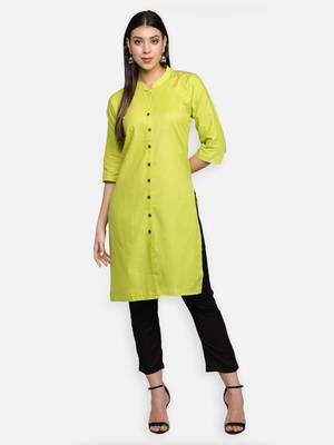 Lime Green Cotton Flex Solid Plain Front Slit Straight Women Kurta 1