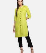 Lime Green Cotton Flex Solid Plain Front Slit Straight Women Kurta