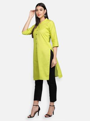 Lime Green Cotton Flex Solid Plain Front Slit Straight Women Kurta 2
