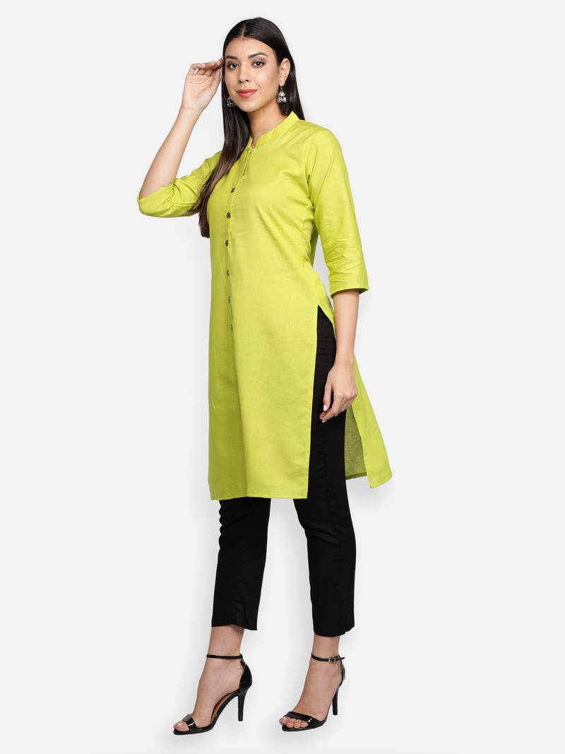 Lime Green Cotton Flex Solid Plain Front Slit Straight Women Kurta