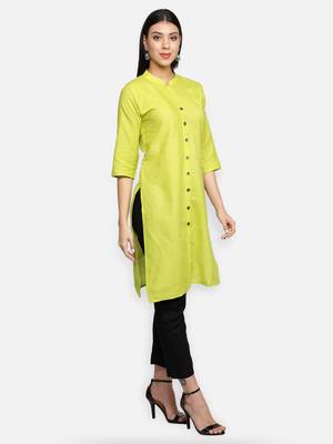 Lime Green Cotton Flex Solid Plain Front Slit Straight Women Kurta 3