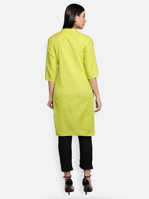 Lime Green Cotton Flex Solid Plain Front Slit Straight Women Kurta 4