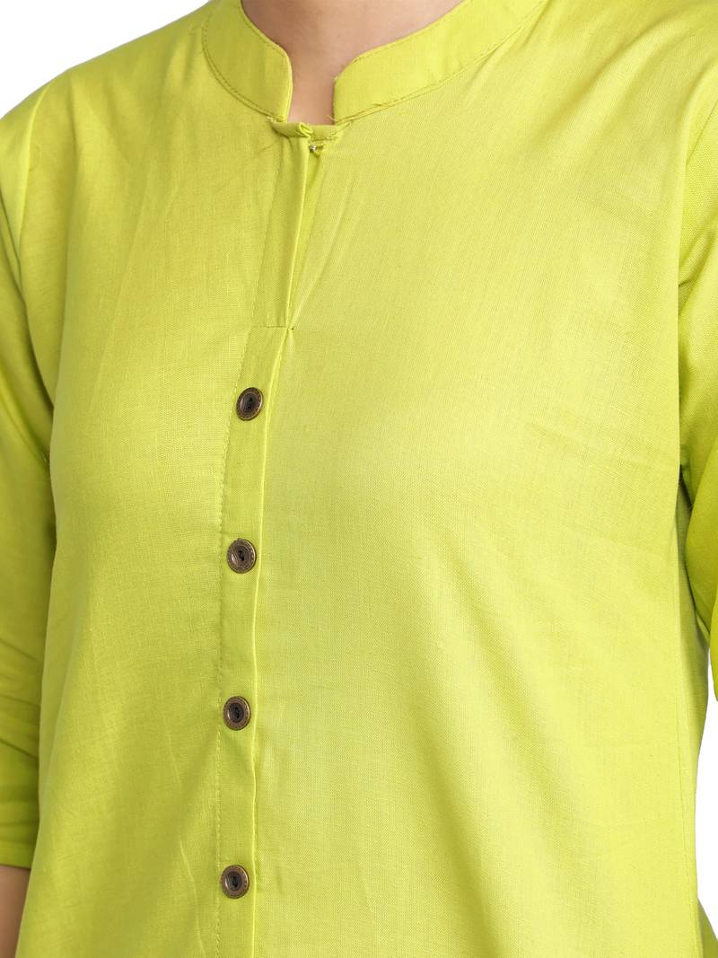 Lime Green Cotton Flex Solid Plain Front Slit Straight Women Kurta