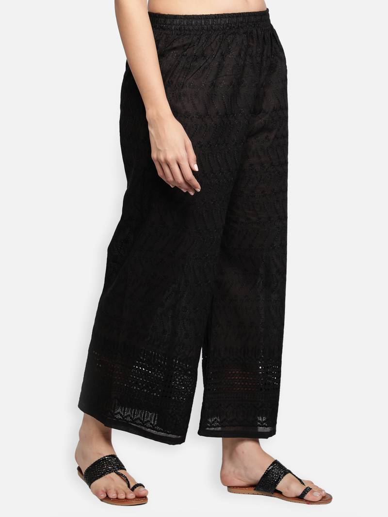 Black plain cotton palazzo-pants