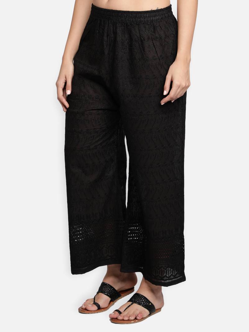 Black plain cotton palazzo-pants