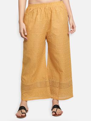 Beige plain cotton palazzo-pants 1