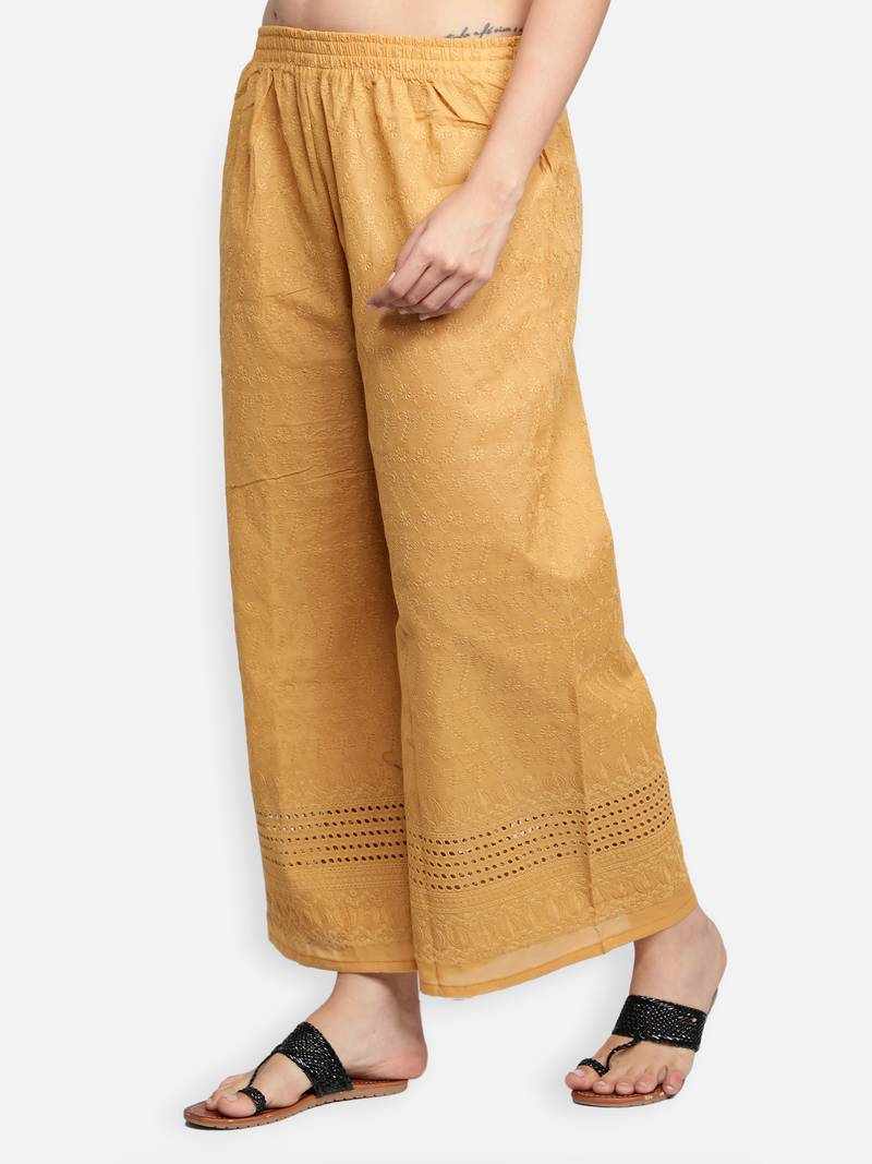 Beige plain cotton palazzo-pants