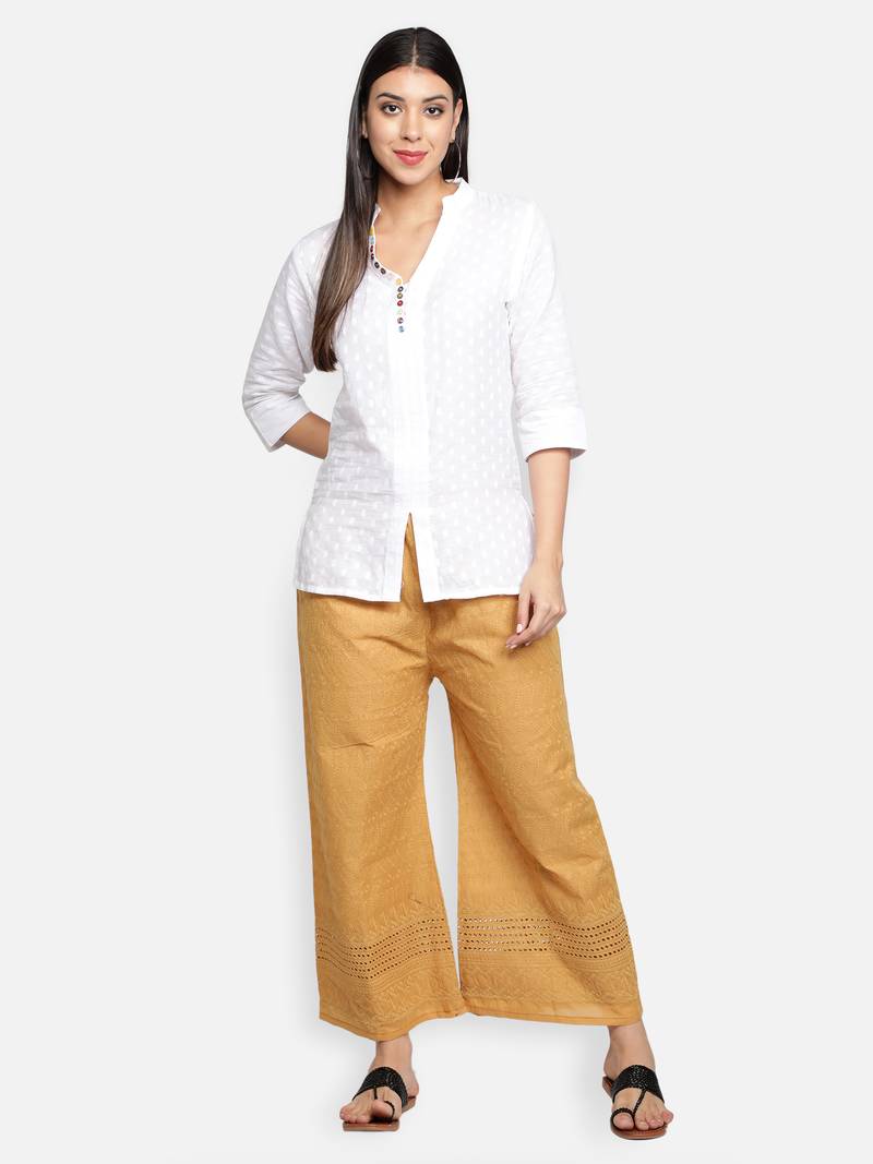 Beige plain cotton palazzo-pants