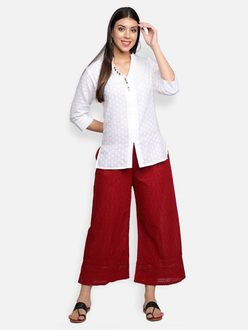Maroon plain cotton palazzo-pants