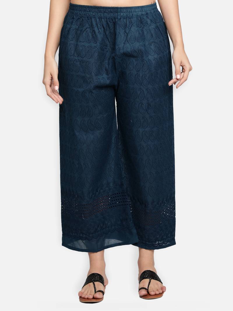 Green plain cotton palazzo-pants