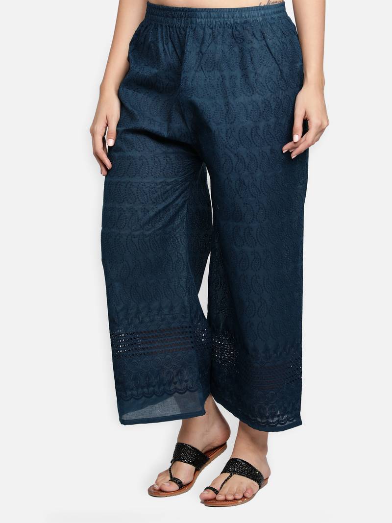 Green plain cotton palazzo-pants