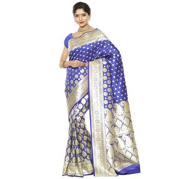 Blue woven satin saree with blouse 1