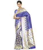 Blue woven satin saree with blouse