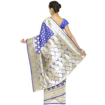 Blue woven satin saree with blouse 2