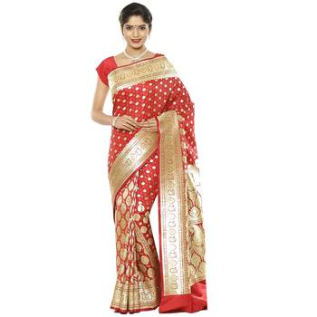 Red woven satin saree with blouse 1