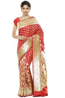 Red woven satin saree with blouse