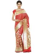 Red woven satin saree with blouse