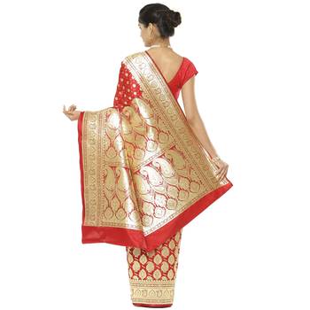 Red woven satin saree with blouse 2