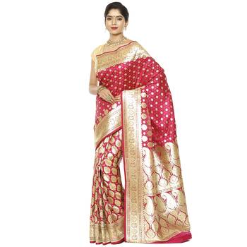Pink woven satin saree with blouse 1