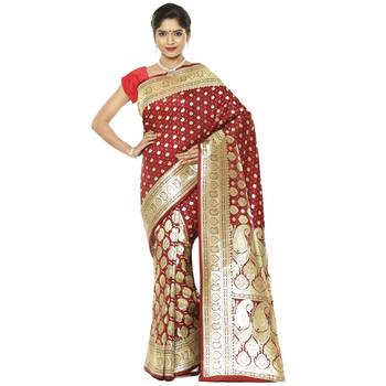Maroon woven satin saree with blouse 1