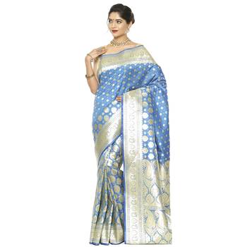 Blue woven satin saree with blouse 1