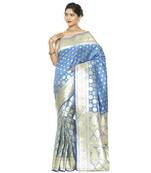 Blue woven satin saree with blouse
