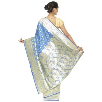 Blue woven satin saree with blouse 2