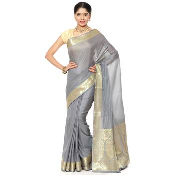 Grey woven art silk saree with blouse 1
