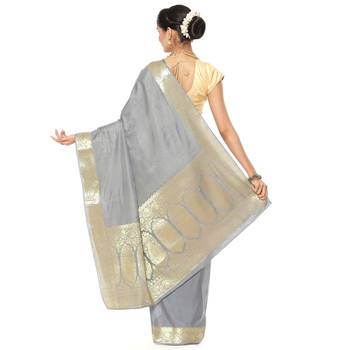 Grey woven art silk saree with blouse 2