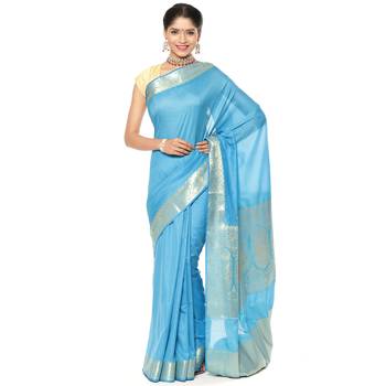 Blue woven art silk saree with blouse 1