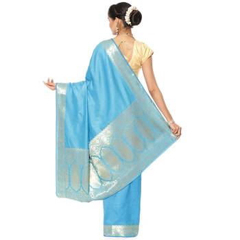 Blue woven art silk saree with blouse 2