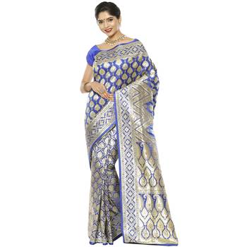 Blue woven satin saree with blouse 1