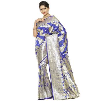 Blue woven satin saree with blouse 1