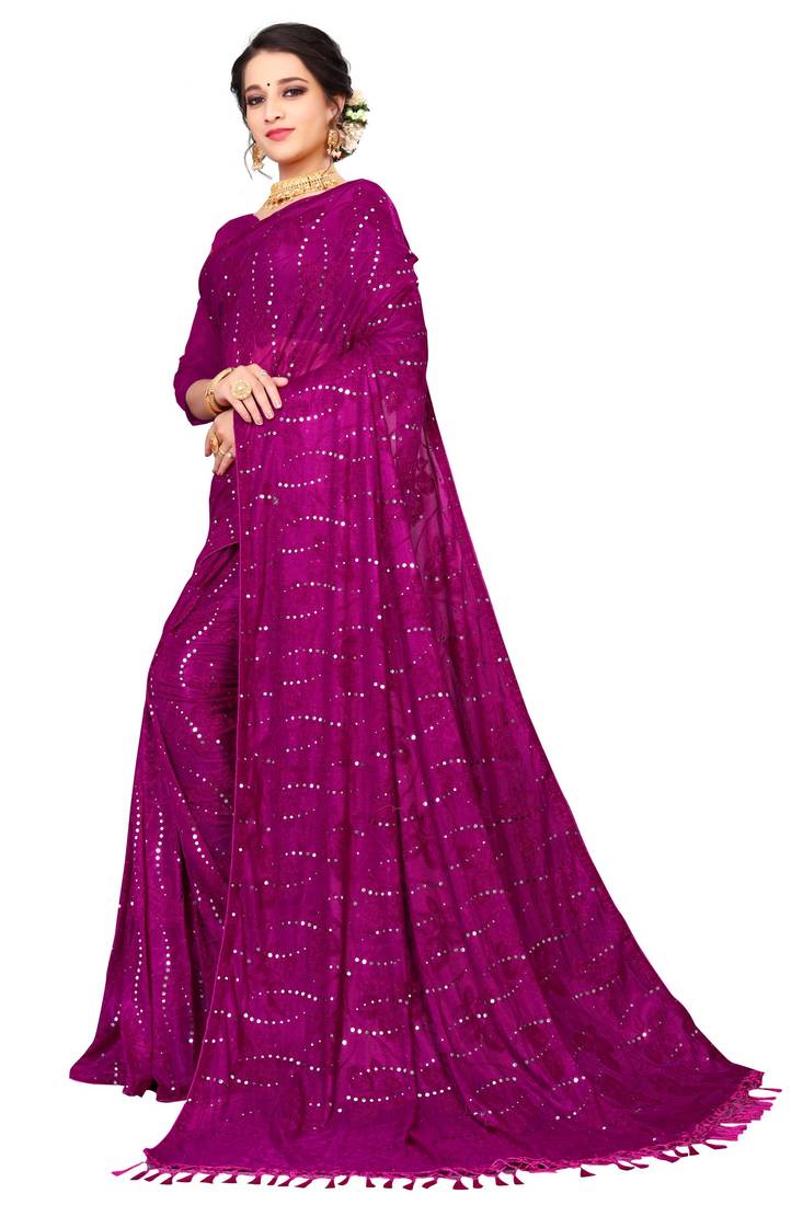 Pink Sequence Work And Piping Border Jacquard Saree With Blouse Piece